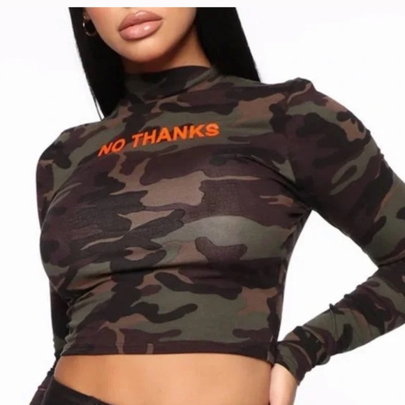 Fashion Nova- Camo “No Thanks” Long Sleeve Top - Picture 2 of 3
